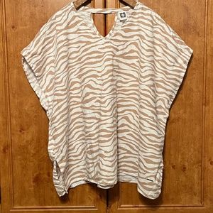 Anne Klein Basic Linen Blend Tan White Zebra Animal Print Woven V-Neck Tunic Top